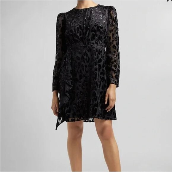 Express Black Leopard Velvet Burnout Ruffle Front Dress - Picture 1 of 8
